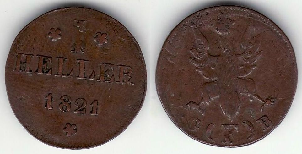 1821 - 1 Heller - Francfurt am Main  mnt. G.F.B. - 5 USD