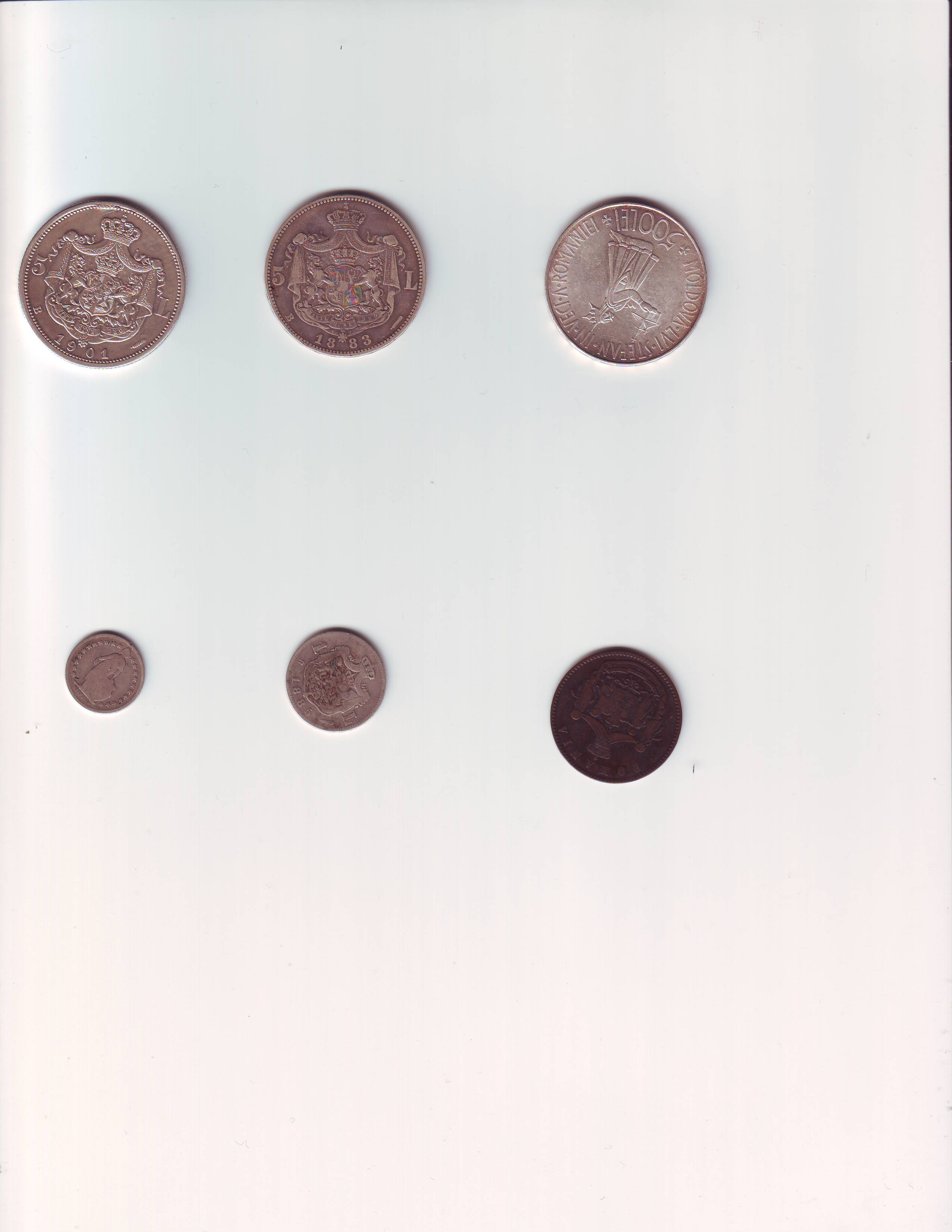 Avem aici : 5 Lei 1901 ;  5 Lei 1883 ; 500 lei  1941 ; 1/2 franci elvetieni 1881; 1 leu 1885 ; 10 bani 1867. Starile monedelor le puteti deduce singuri, cu cateva exceptii fiind foarte bune.