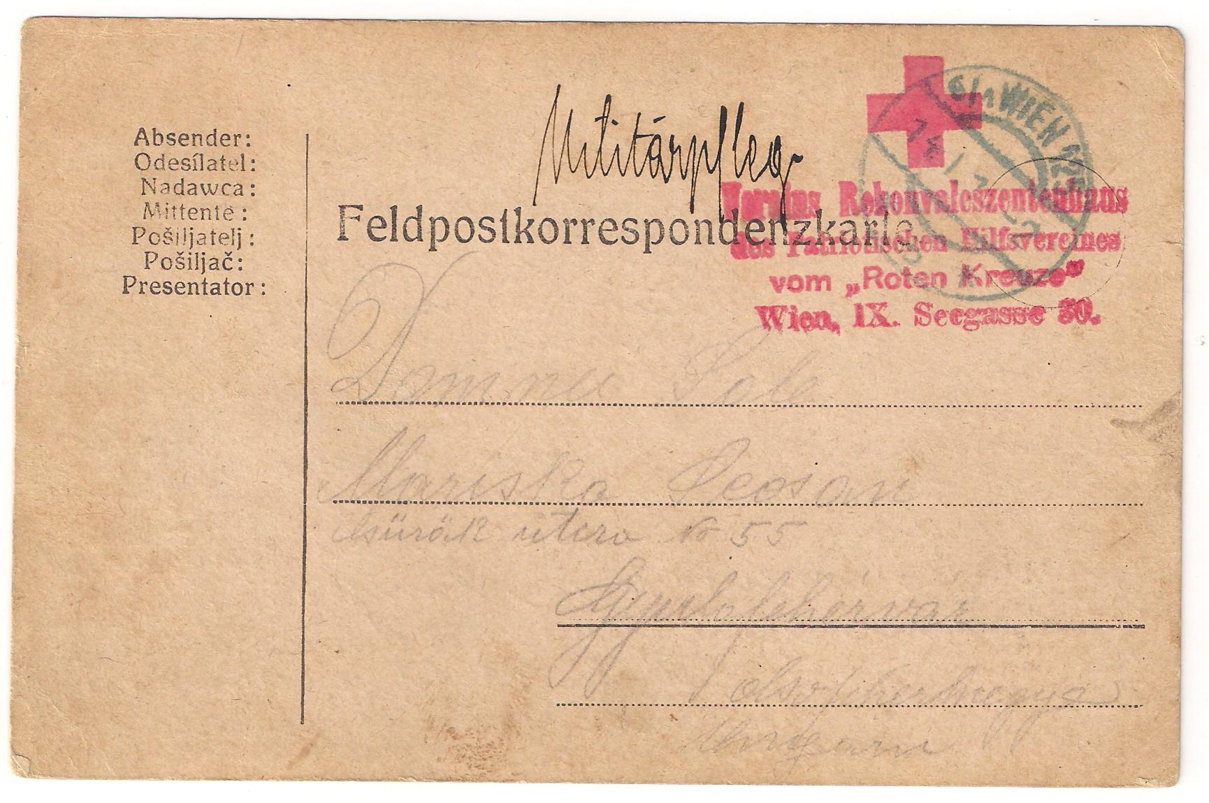 14.01.1915. Ranit pe frontul din Galitia, in covalescenta la spitalul de Cruce Rosie din Viena...