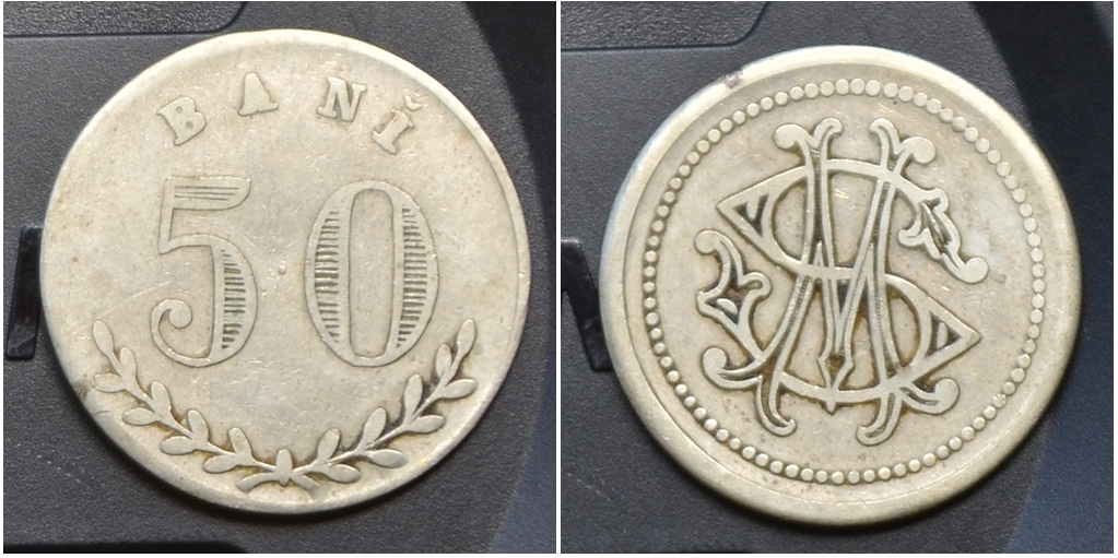 50 de bani, cu doua frunze sub valoare, iar pe partea cealalta are literele M si S suprapuse,