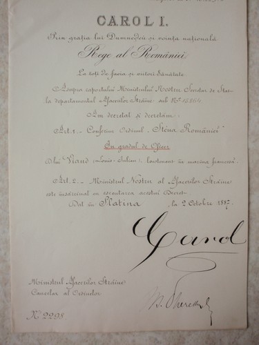 Ro., Brevet ofiter, SR 1887, semnat Carol orig, unui francez..JPG