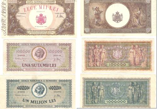 10000lei 20dec1945 XF/aUNC o pata de cerneala dreapta sus 25RON<br />100000lei 25ian1947 VF 2rupturi mici in partea de sus 15RON<br />1000000lei 16apr1947 XF 25RON