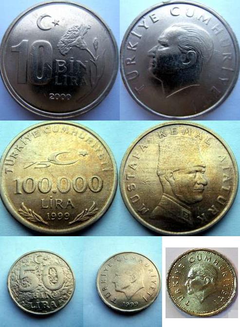 Monede din turcia dupa cum urmeaza:<br />10.000 lire (an 2000) - 1 buc<br />100.000 lire (an 1999-2000) - 4 buc<br />50.000 lire (an 1998-2000) - 4 buc<br />1000 lire (an 1993) - 1 buc