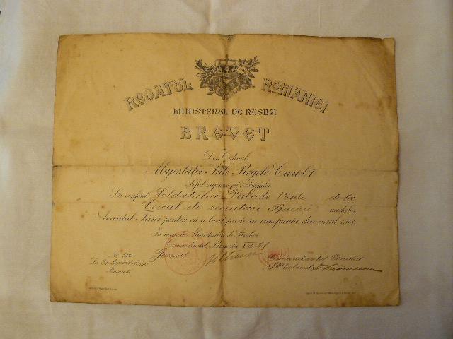 Brevet medalia &amp;quot;Avantul Tarii&amp;quot; 1913