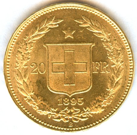 Back view<br />1895 GOLD 20 FRANK SWITZERLAND<br />Weight: 6.4516 g. (0.1867 oz., 0.900 GOLD)<br />Diameter: 22 mm