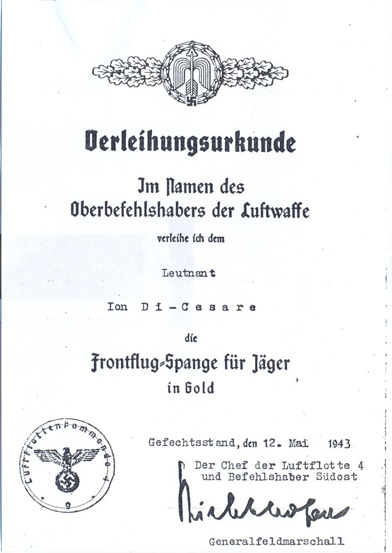 Si Frontflugspange in Gold, o insigna de aviatie prestigioasa, obtinuta de foarte putini piloti romani in ww2.