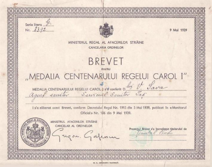 1939 - Brevet Medalia Centenarul Regelui Carol I