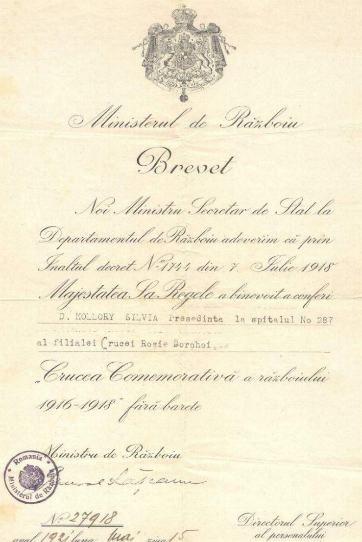 1921 - Brevet Crucea Comemorativa 1916-18